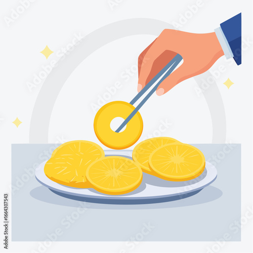 Hand Using Tongs To Arrange Pineapple And Orange Slices On A Plate