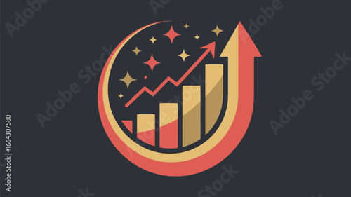 Illustration of a bar graph with an upward trending line and stars inside a circular design element