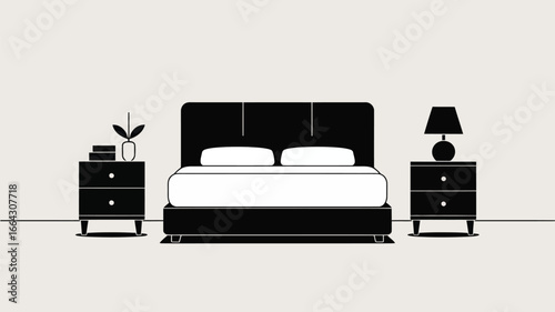A minimalist bedroom illustration featuring a bed, two nightstands, and simple decorative elements