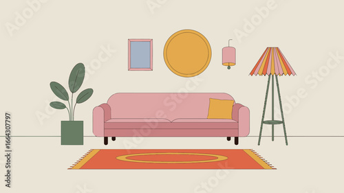 A living room scene featuring a pink sofa, a plant, a rug, and various decorative wall hangings