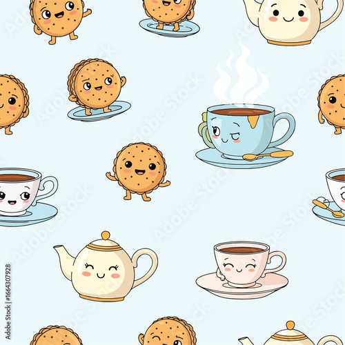Seamless Pattern, Seamless pattern with cute tea cups, tea pots and cookies with smiling faces Stock royalty free.