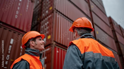 Steel container tariff impact on worker safety with helmets at industrial shipping port, logistics discussion among workers