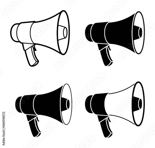 Four Megaphone Icons: Two Black and White Outline, Two Solid Black