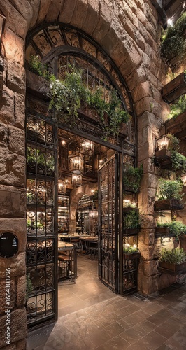 Rustic Botanical Restaurant Entrance With Brown Stone Walls