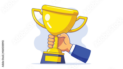 A hand gripping a gleaming golden trophy cup on a white background, representing success and accomplishment..eps
