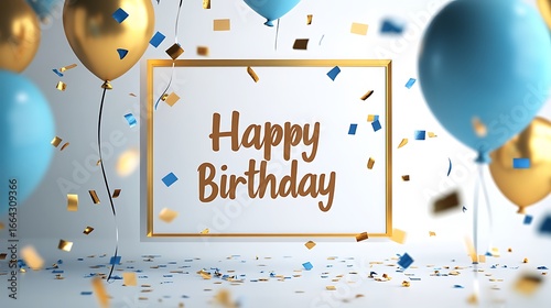 Birthday celebration scene with balloons and confetti