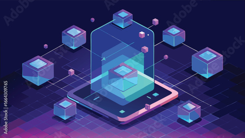 Blockchain technology represented by cubes and a smartphone on a dark background, illustrating digital connectivity..eps