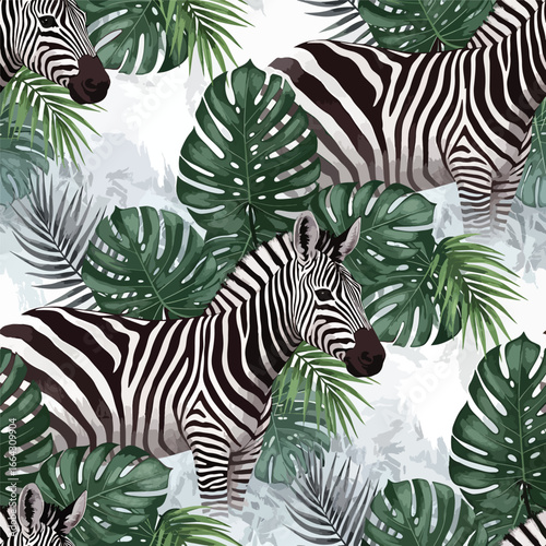Seamless Pattern, Seamless pattern with zebras and tropical foliage providing a vibrant jungle theme Stock royalty free.