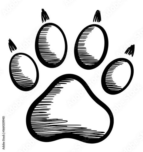 Hand-Drawn Black and White Paw Print with Sketchy Texture