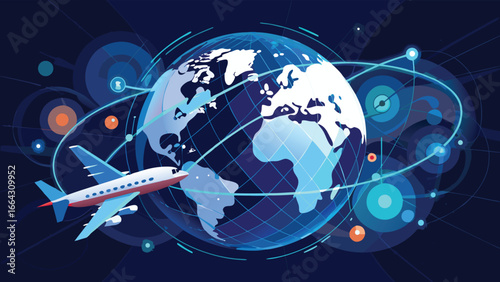 Airplane flying over a world map, illustrating global travel and connectivity..eps