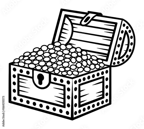 Open Treasure Chest Filled with Coins, Black and White Illustration