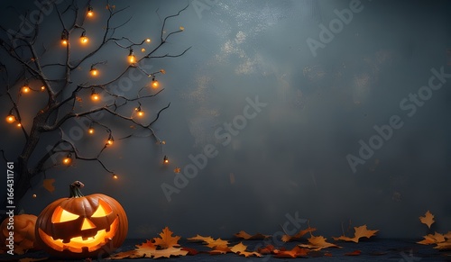 Halloween background featuring pumpkins and light decoration.