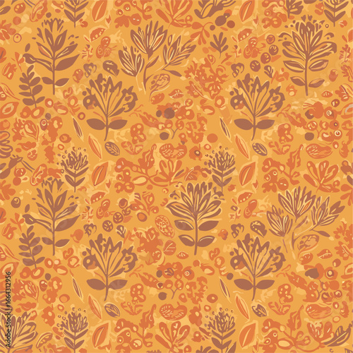 Seamless Pattern, Warm toned floral pattern with botanical elements and earth tone colors Stock royalty free