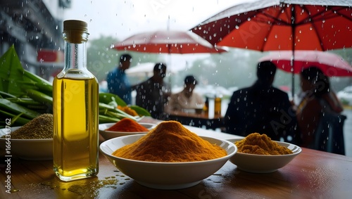 spices and mustard oil while raindrops fall, customers holding umbrellas nearby