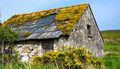 An aged stone structure, weathered and covered in moss, stands amidst a field of green grass and vibrant yellow flowers, under a clear blue sky.