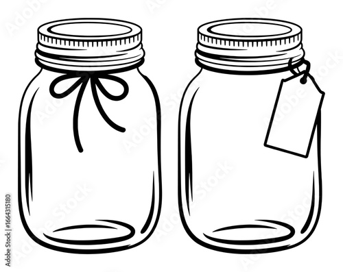 Two Mason Jars, One with a Bow, One with a Tag, Black and White Line Art