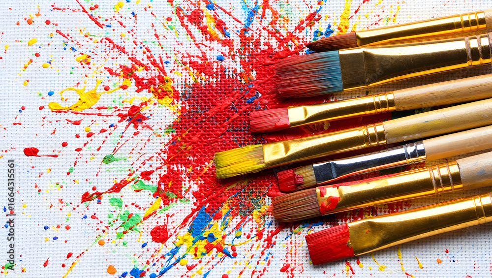 Obraz premium Artistic canvas with colorful paint splashes and brushes