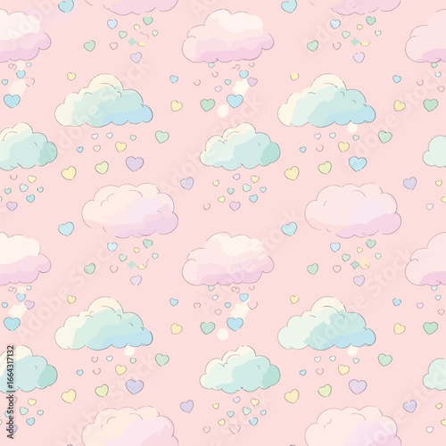 Seamless Pattern, Whimsical clouds raining pastel hearts seamless pattern on a soft pink background Stock royalty free image.