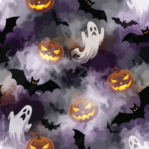 Seamless Pattern, Spooky Halloween pattern featuring pumpkins, ghosts, and bats on a smoky background Stock royalty free.