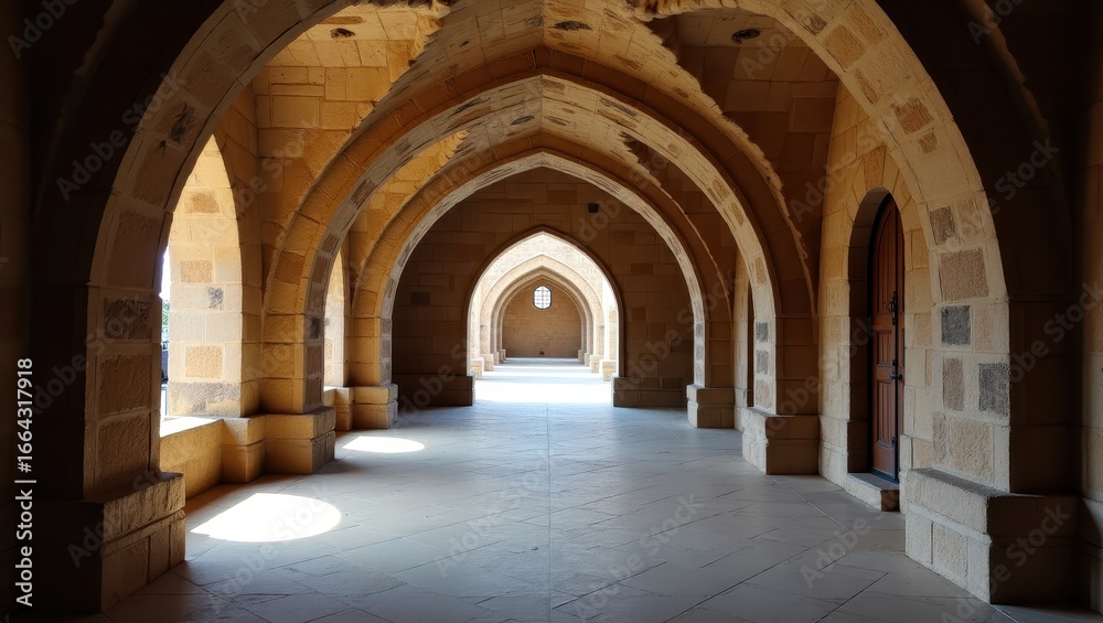 Obraz premium A sunlit colonnaded walkway with arches, showcasing a serene and timeless architectural style.