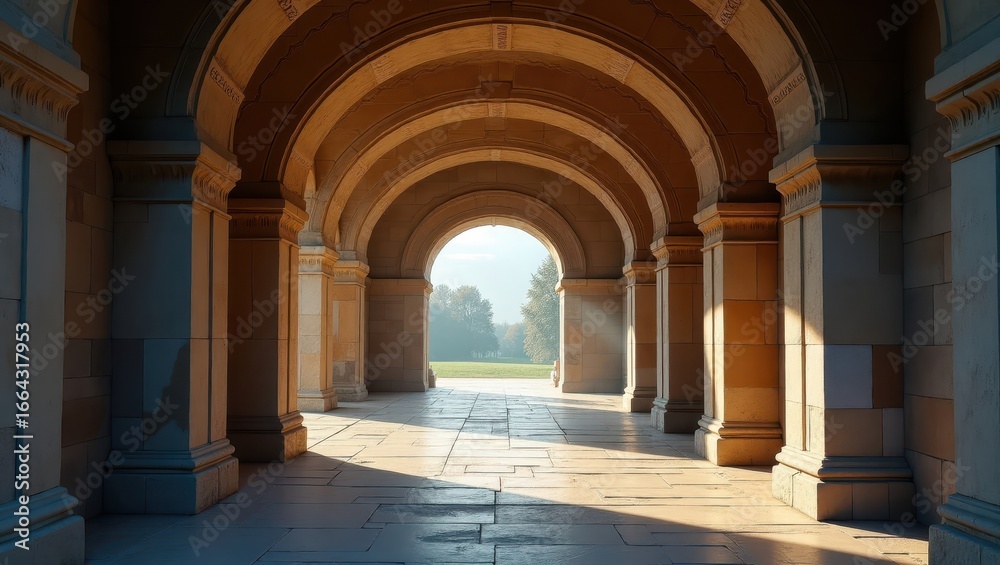 Fototapeta premium A sun-drenched colonnade with arched passageways, showcasing light and shadow on the stonework.