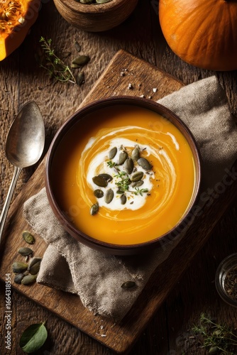 Rustic Pumpkin Soup with Cream and Seeds on Wooden Board, Top View