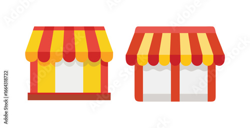 Market stall and shop icon set. Vector illustrations of storefronts with striped awnings for retail, marketplace, or e-commerce.
