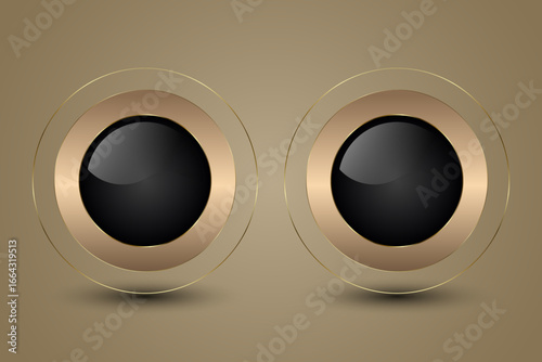 Set of two Luxury circle shape banners and TWO Gold Buttons vector design for social mwdia UI, two digital sleek metallaic buttons, icon, symbol