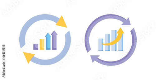 Continuous improvement and growth cycle icons. Vector illustrations of bar charts within circular arrows representing iterative development and progress.
