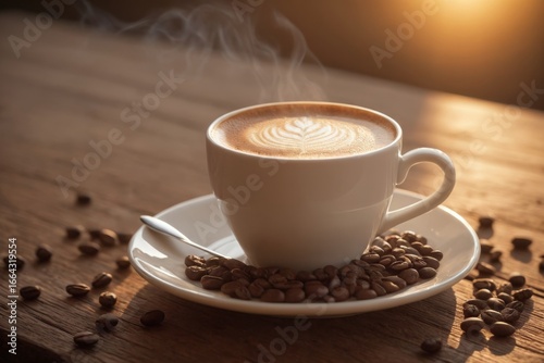 Tasse Kaffee mit Herz-Latte-Art und Kaffeebohnen bei sanftem Sonnenlicht
