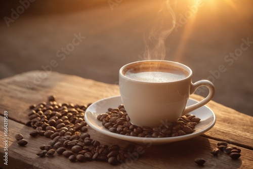 Tasse Kaffee mit Herz-Latte-Art und Kaffeebohnen bei sanftem Sonnenlicht