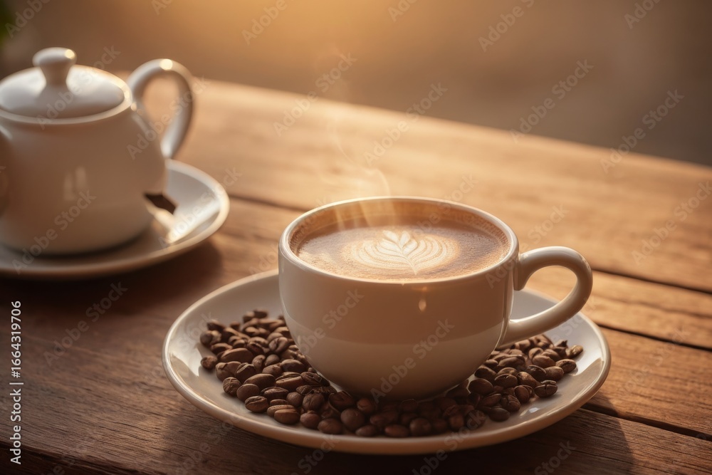 Fototapeta premium Tasse Kaffee mit Herz-Latte-Art und Kaffeebohnen bei sanftem Sonnenlicht