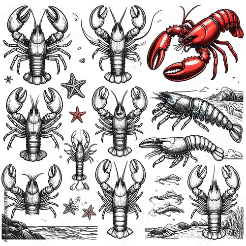 Crayfish and Lobster Drawings, Ocean Setting