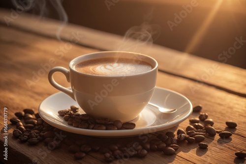 Tasse Kaffee mit Herz-Latte-Art und Kaffeebohnen bei sanftem Sonnenlicht