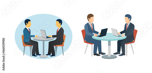 Set of business meeting illustrations. Two businessmen in suits working on laptops during a discussion, interview, or collaboration.
