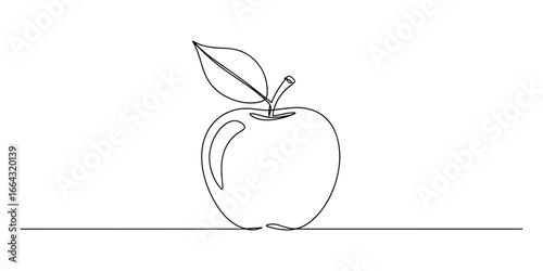 Simple line drawing of an apple with a leaf. Modern, clean style. Vector illustration.