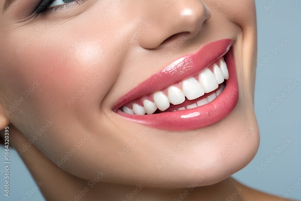 Fototapeta premium Close up of a beautiful womans smile with perfect white teeth and pink lips