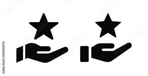 Quality and value icon set. Simple black glyph illustrations of a hand offering a star for customer rating and feedback.

