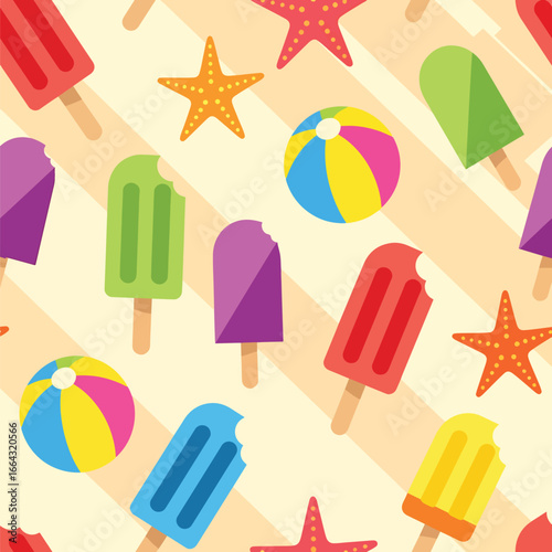 Seamless Pattern, Summery vector pattern featuring vibrant popsicles, starfish, and beach balls design Stock royalty free.