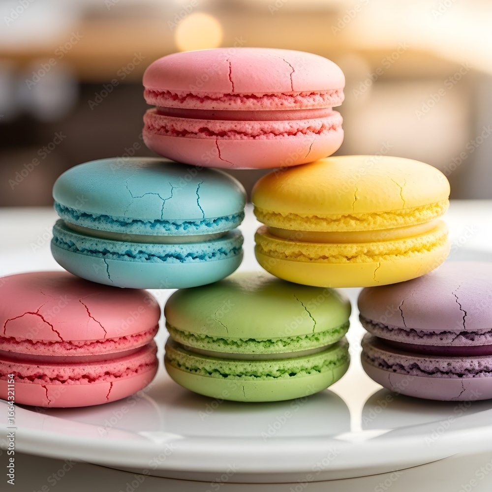 Obraz premium Close-up of colourful macarons stacked on a plate, showcasing delicate textures and pastel shades with a blurred warm background glow, cinematic dessert photography.
