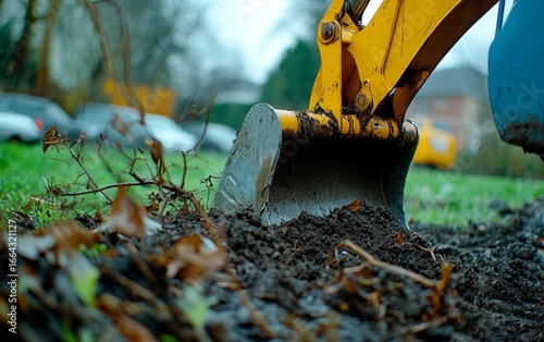 Close up view of a yellow construction machine's bucket digging into dark soil, with brown leaves and green grass visible. Muddy textures are prominent.