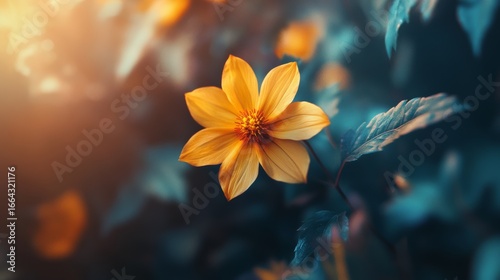 Close up view of a single yellow flower with multiple petals, illuminated by warm sunlight against a blurred teal and dark green foliage background. Soft, ambient lighting.