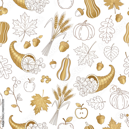 Seamless Pattern, Thanksgiving harvest seamless pattern with cornucopias, pumpkins, and fall leaves Stock royalty free image.
