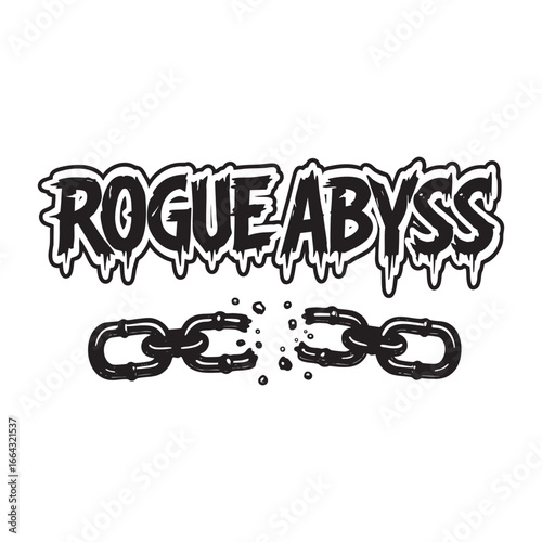 "Rogue Abyss" horror style typography with a broken chain. Dripping text effect vector logo illustration for t-shirt design or tattoo.