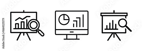 Data analysis and business presentation line icon set. Vector illustrations of charts, graphs, and market research symbols.
