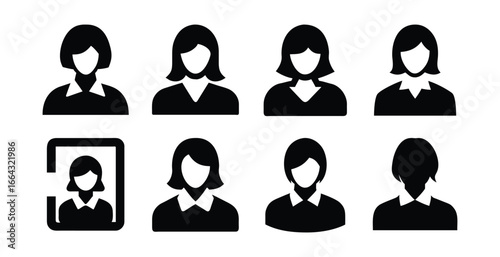 Set of businesswoman user profile icons. Black glyph silhouettes representing female employees, staff members, and professional avatars.
