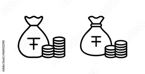 Mongolian Tugrik currency icons. Simple black and white line art of a money bag with stacked coins.
