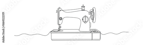 Detailed outline of a vintage sewing machine, black and white, vector style. Sewing and fashion symbol.