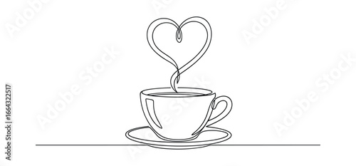 Modern illustration of coffee cup on a saucer with heart shaped steam rising above. Vector illustration.