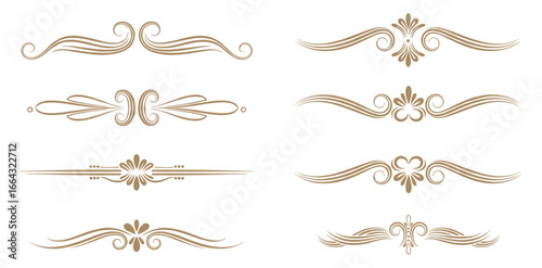 Set of ornate flourishes and dividers. Elegant line art design elements in sepia color. Vector illustration.